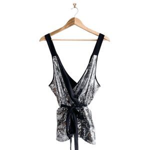 Chelsea28 Women Sequin Top Front Tie Sleeveless V Neckline Metallic Silver XXL